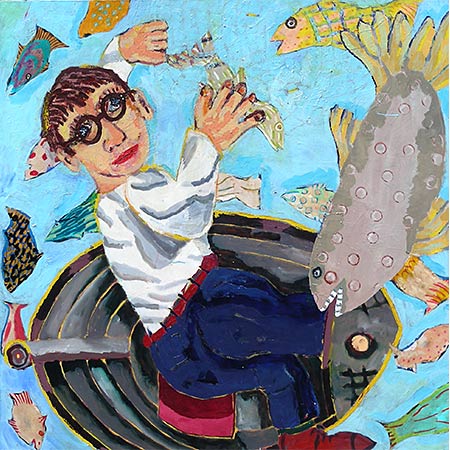 Self portrait with fish 2007, Oil on canvas, 137 x 137cm